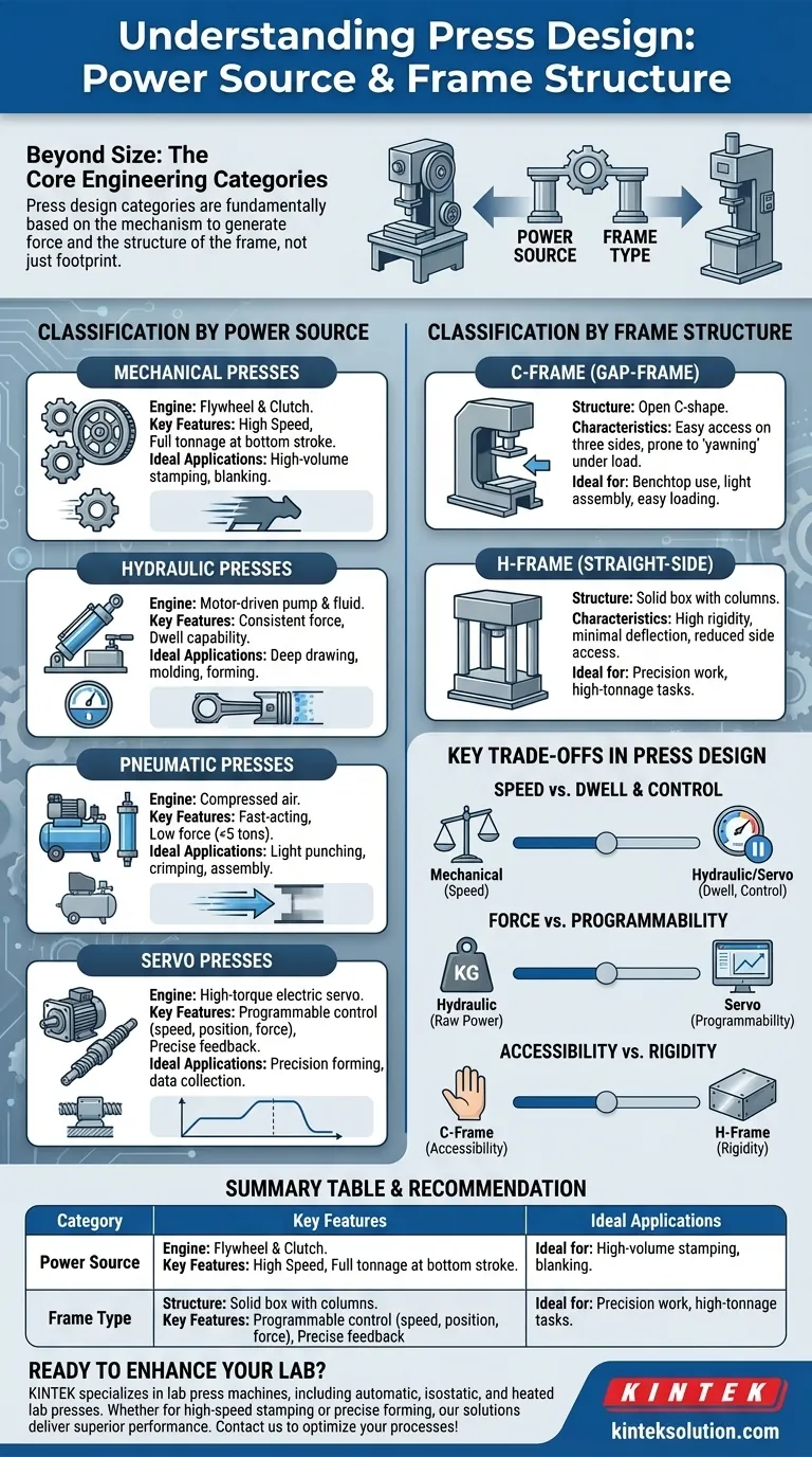 ¿Cuáles son las principales categorías de prensas en función de su diseño?Explore los tipos de potencia y bastidor para su laboratorio Guía Visual