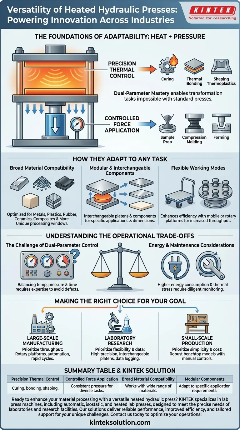 What makes heated hydraulic presses versatile across different industries? Unlock Precision Heat and Pressure Control Visual Guide