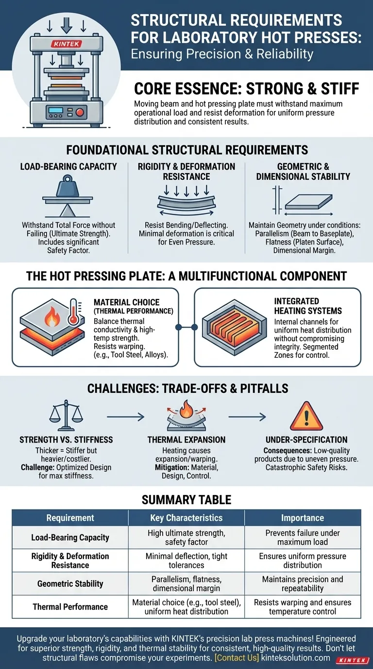 ما هي المتطلبات الهيكلية للعوارض المتحركة ولوحة الكبس الساخن في مكبس المختبر الساخن؟ضمان الدقة والسلامة في مختبرك دليل مرئي