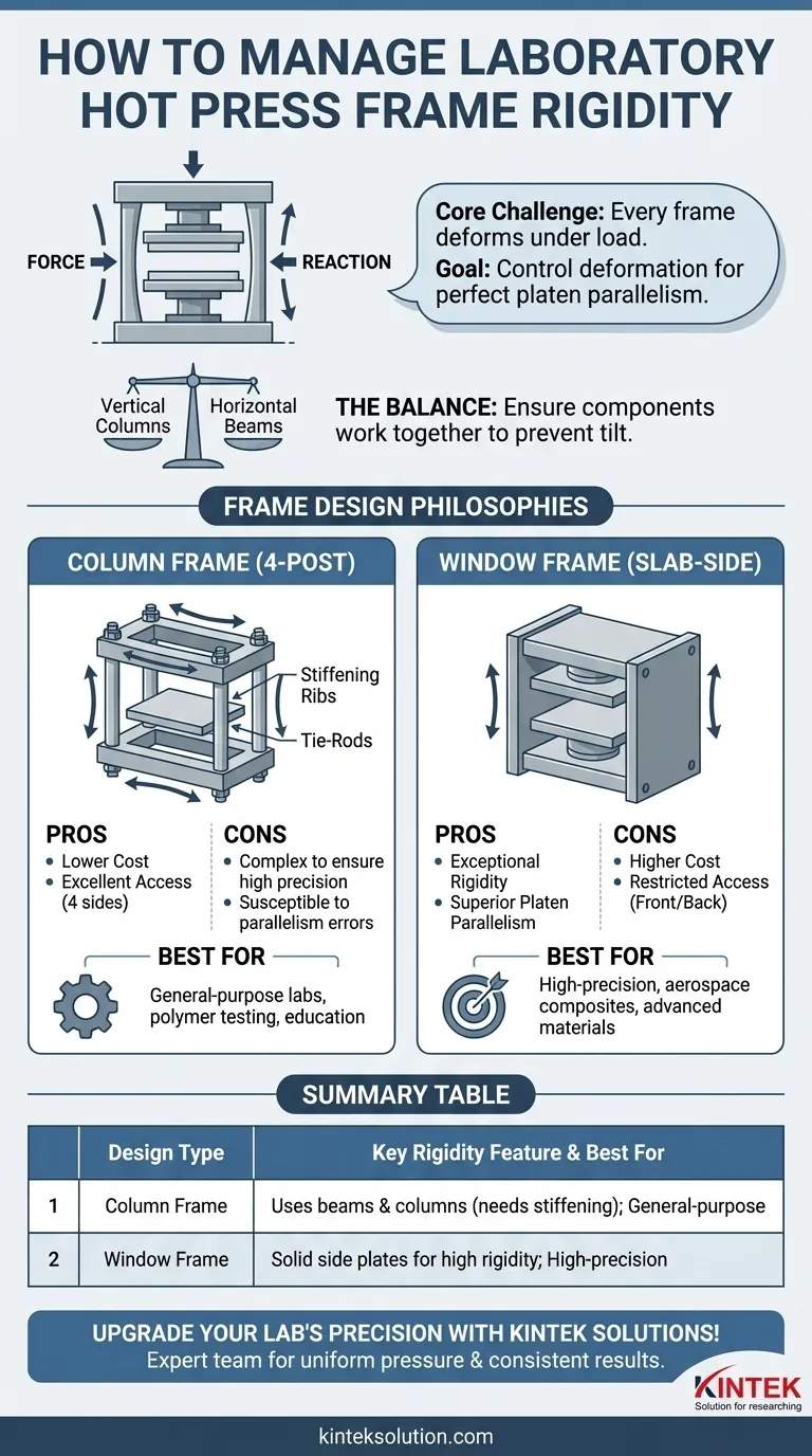 How should the rigidity of the frame be managed in a laboratory hot press? Ensure Uniform Pressure for Precise Results Visual Guide