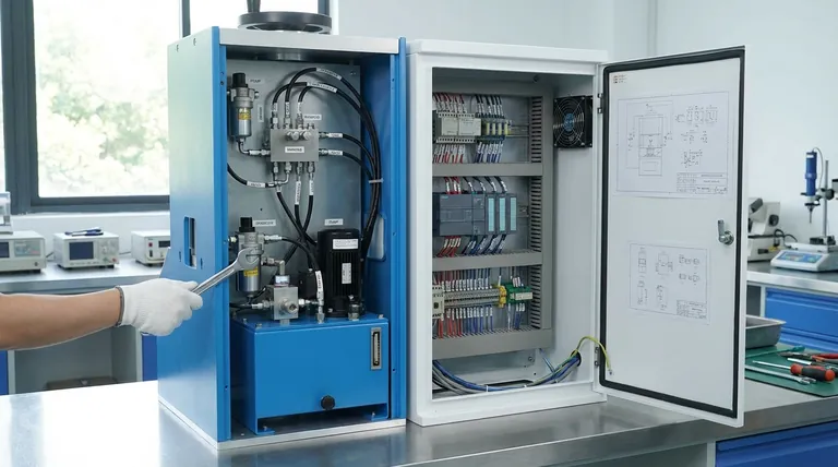 ما هي ميزات التصميم التي يجب أن يتضمنها الهيكل الخلفي للمكبس الساخن للمختبر؟ضمان السلامة والوصول والموثوقية