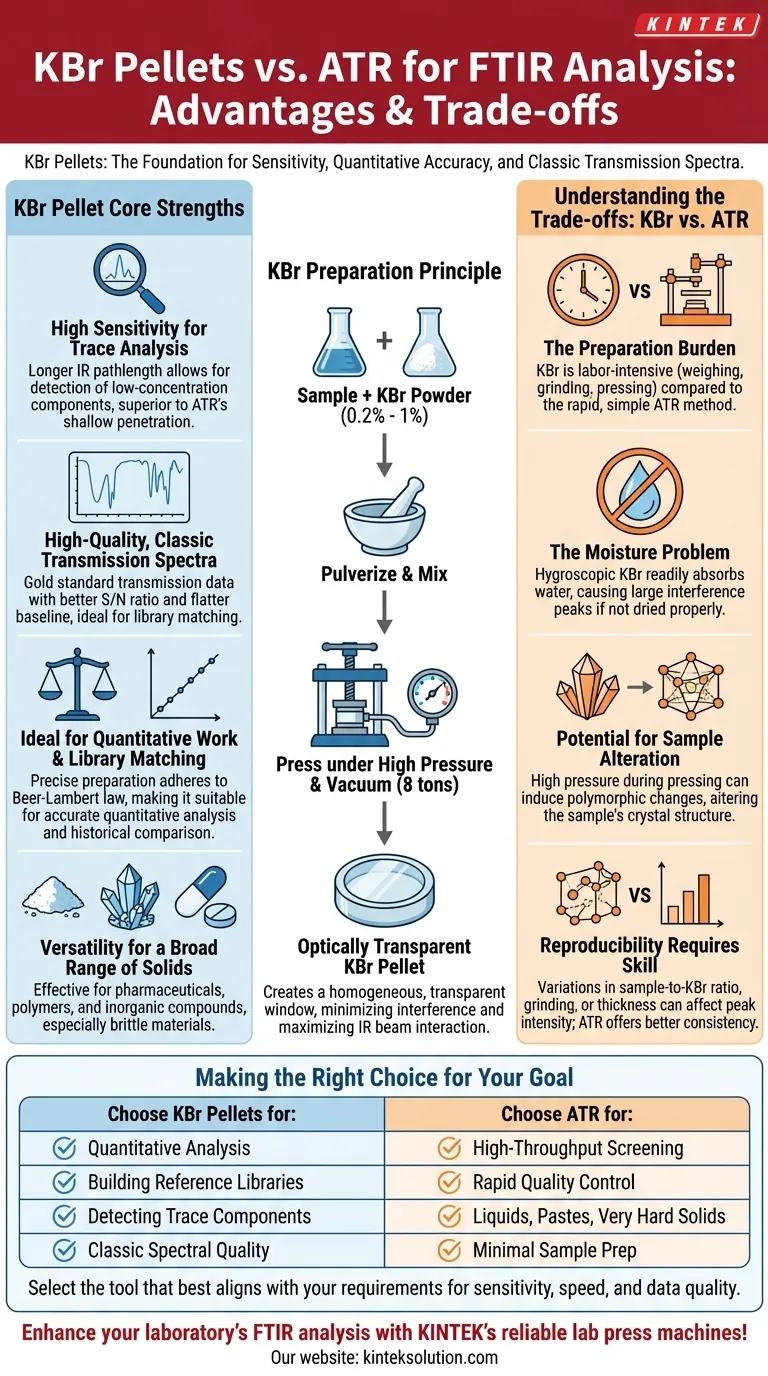 ما هي مزايا استخدام كريات KBr لتحليل FTIR مقارنةً بتحليل FTIR؟تحقيق الحساسية والدقة الفائقة دليل مرئي
