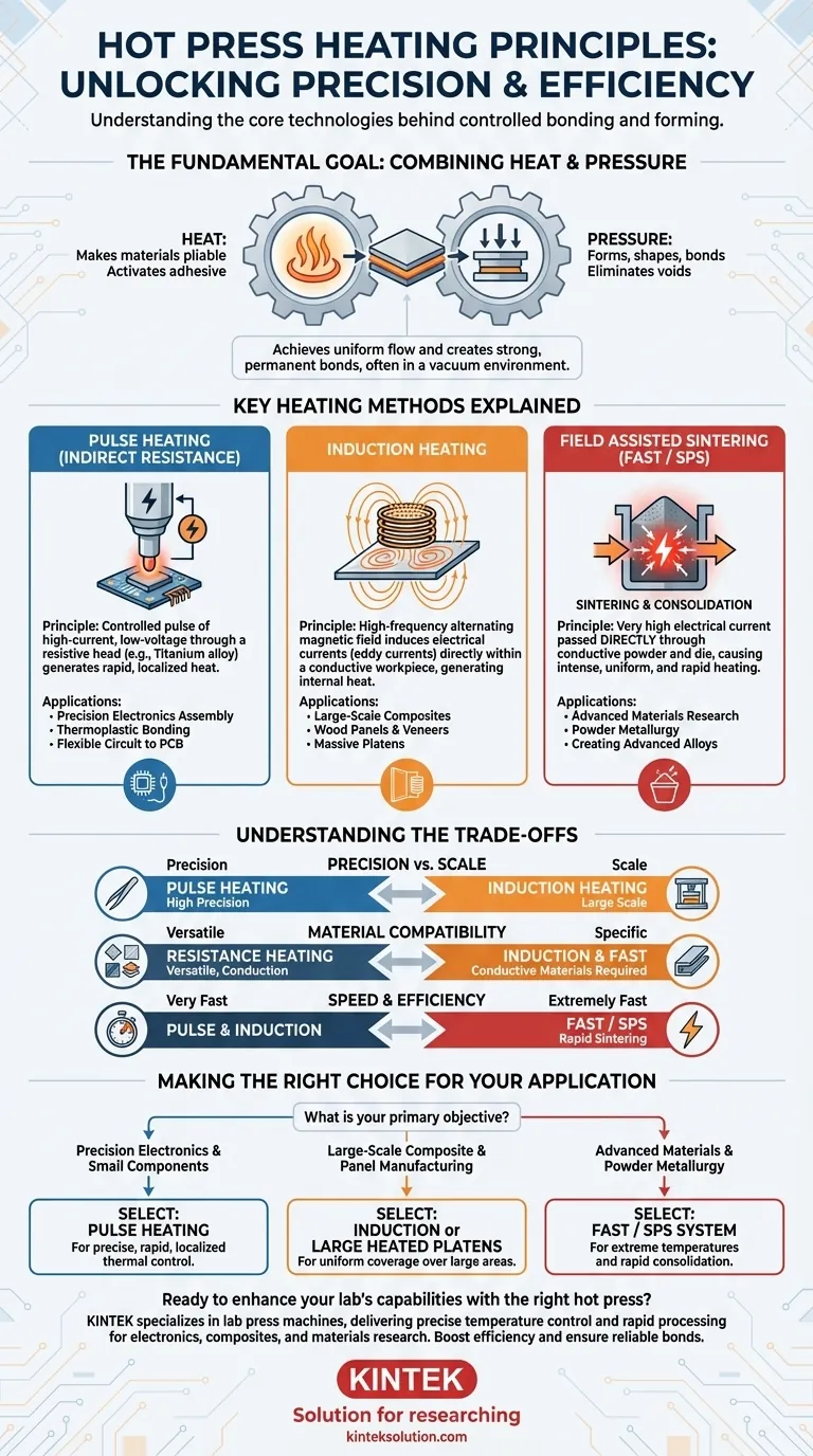 Que princípio é que a prensa a quente utiliza para o aquecimento?Descubra os principais métodos para obter precisão e eficiência Guia Visual