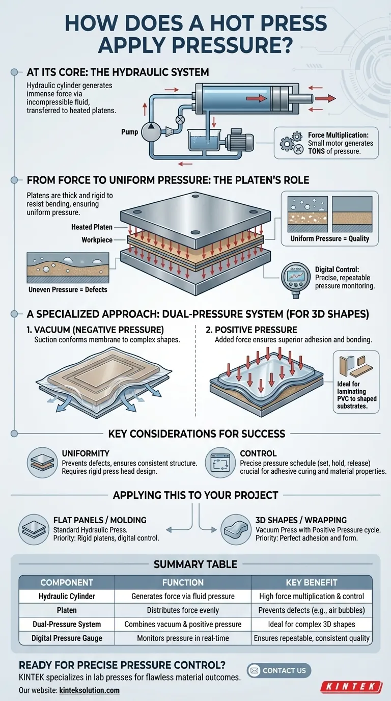 How does the hot press apply pressure during operation? Master Precise Hydraulic Control for Perfect Results Visual Guide