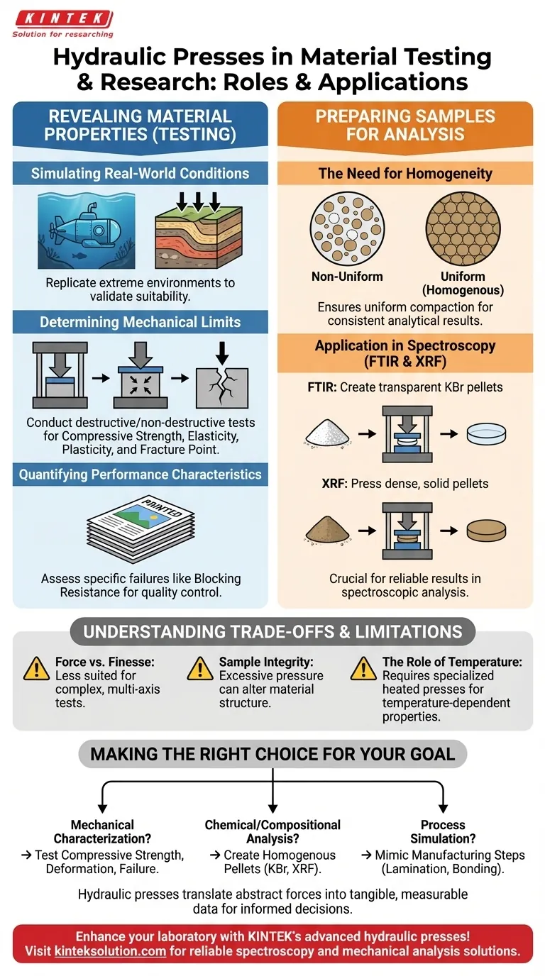 What role do hydraulic presses play in material testing and research? Uncover Material Properties and Prep Samples Visual Guide