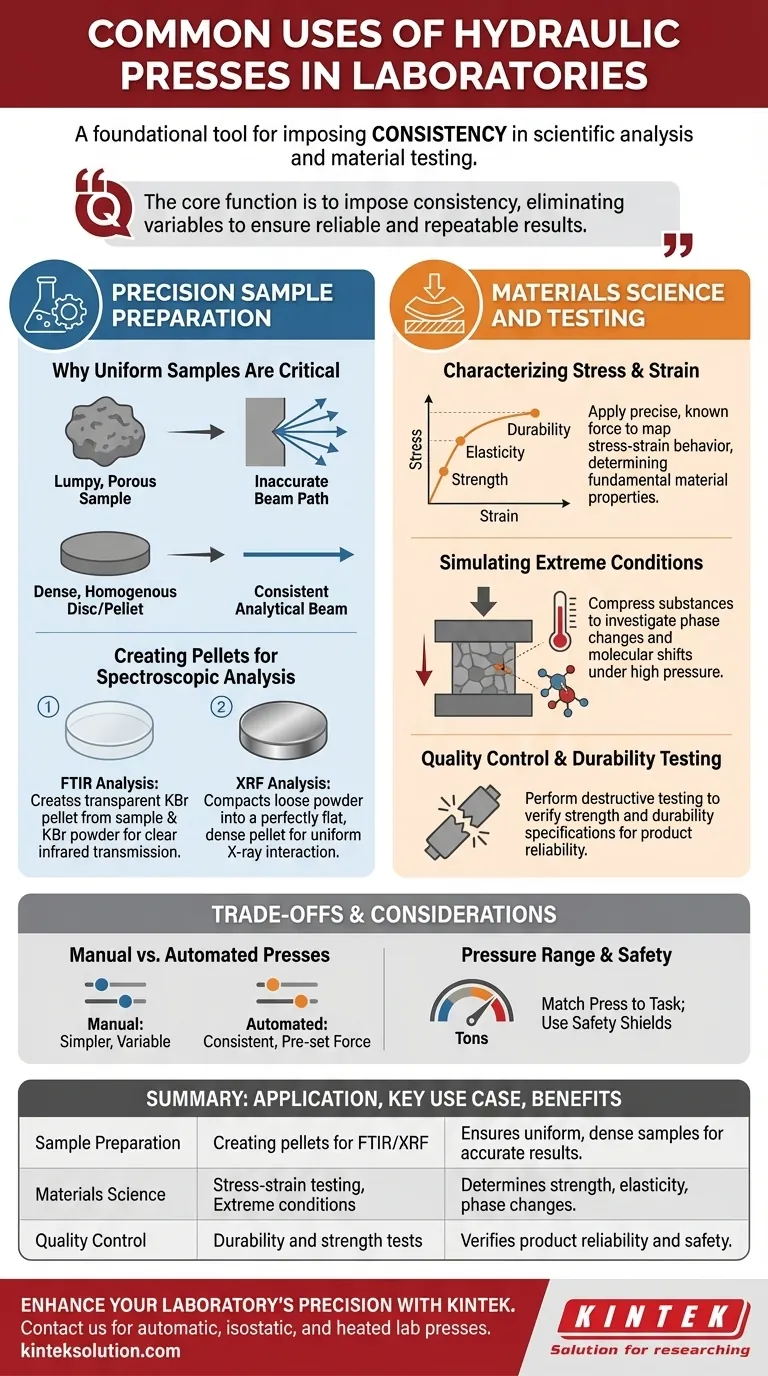 Для чего обычно используются гидравлические прессы в лабораториях?Необходимы для точной подготовки образцов и испытания материалов Визуальное руководство