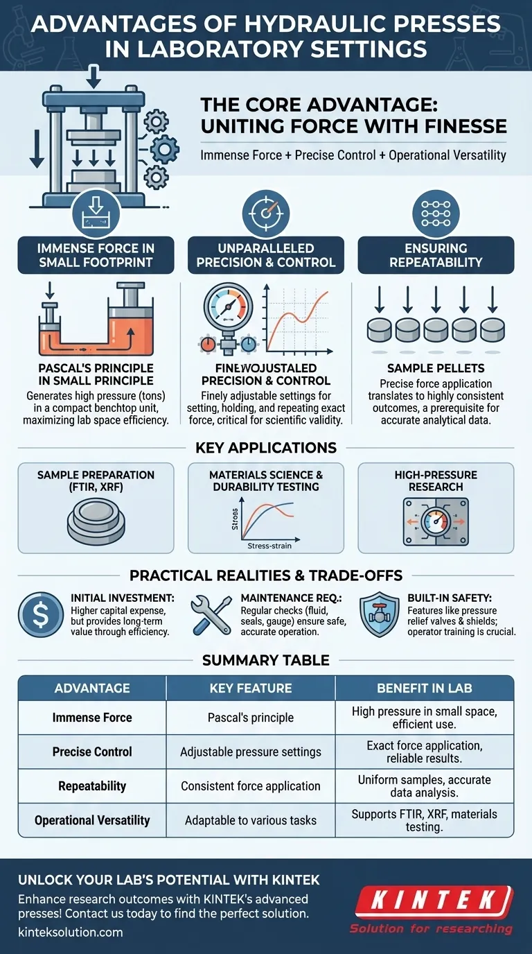 ما هي المزايا التي توفرها المكابس الهيدروليكية في إعدادات المختبر؟تعزيز الدقة والكفاءة في مختبرك دليل مرئي