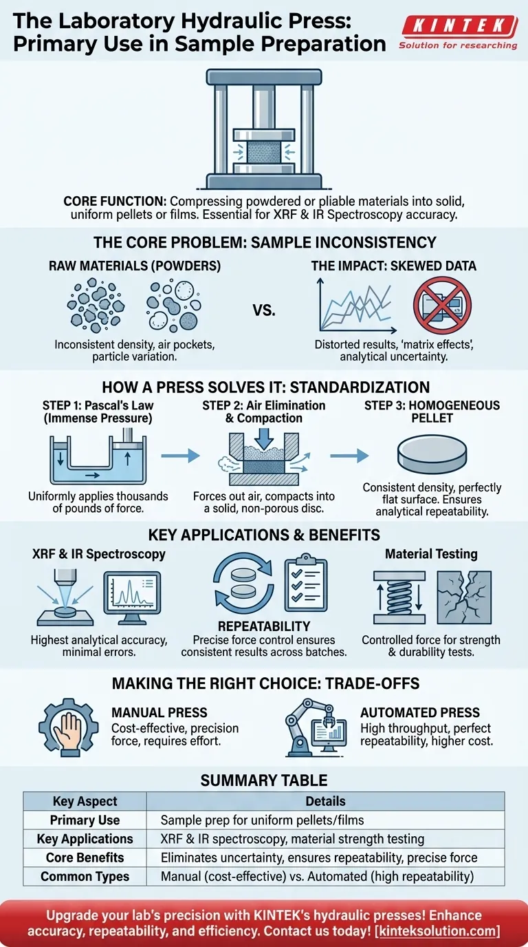 What is the primary use of a hydraulic press in a laboratory? Ensure Accurate Sample Prep for Reliable Results Visual Guide