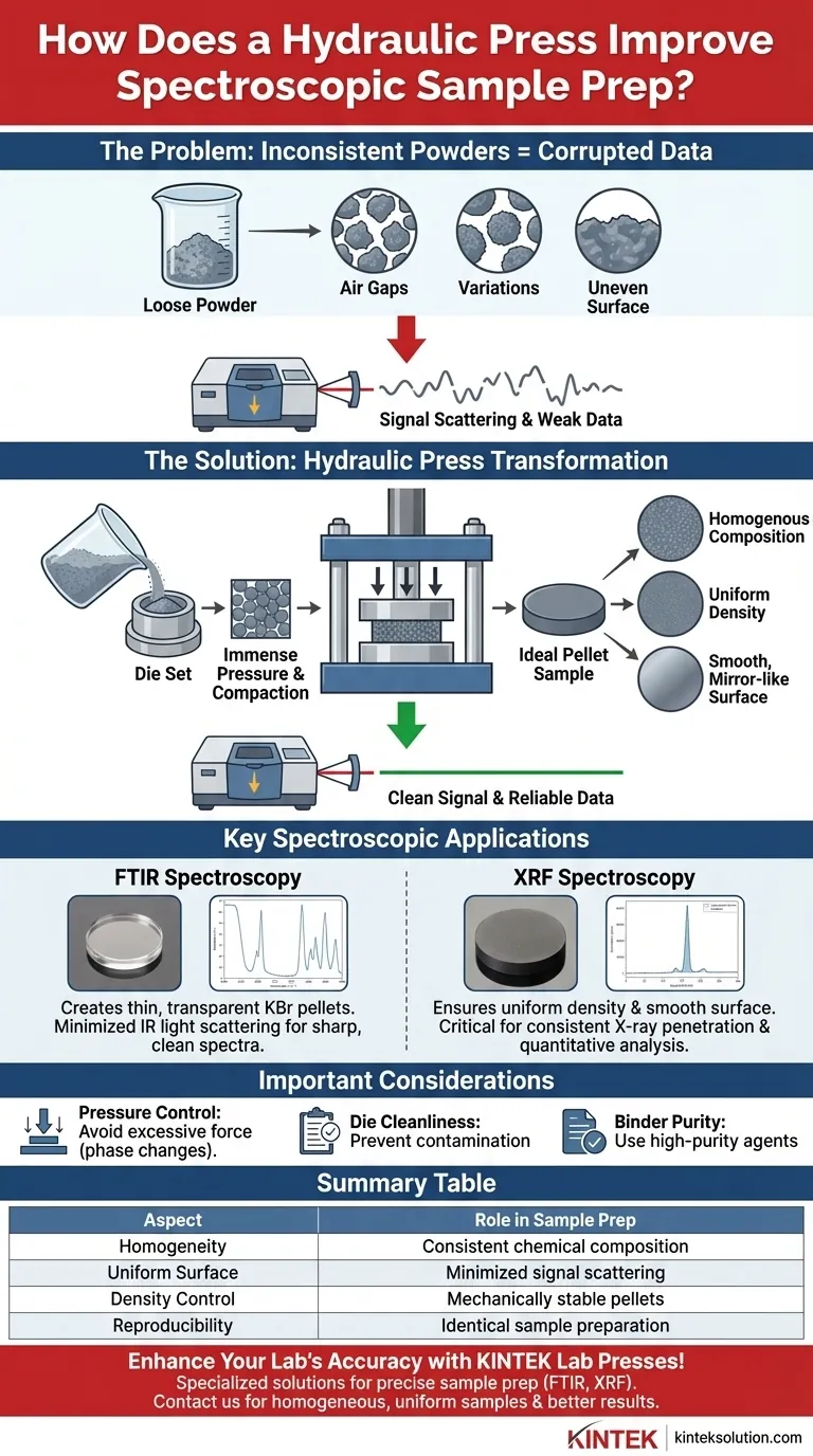 Как гидравлический пресс способствует подготовке образцов для спектроскопического анализа?Получение точных, однородных образцов для ИК-Фурье и РФА Визуальное руководство