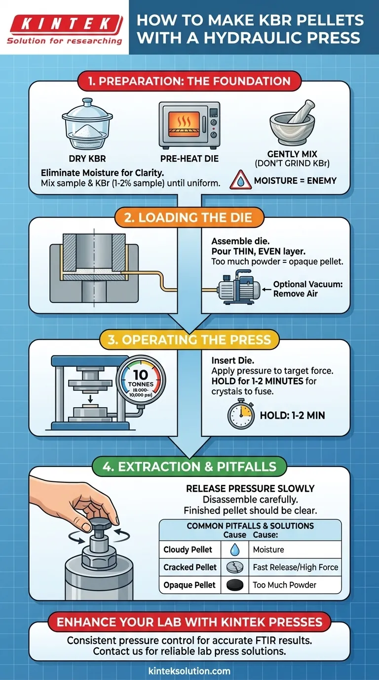 유압식 휴대용 프레스를 사용하여 KBr 펠릿을 만드는 방법은 무엇입니까?명확하고 정확한 FTIR 분석을 위한 단계 마스터하기 시각적 가이드