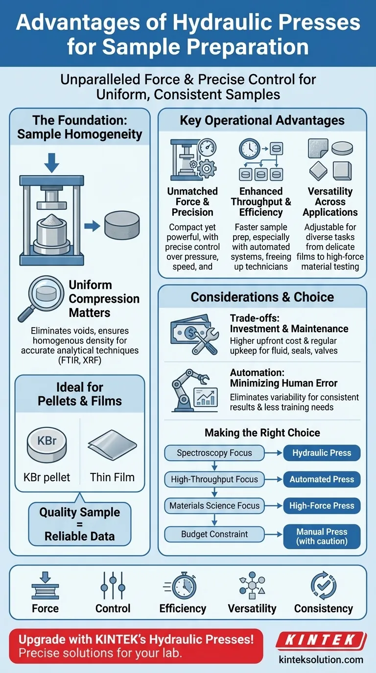 使用液压机制备样品的主要优势是什么？获得精确、均匀的样品，进行可靠的分析 图解指南