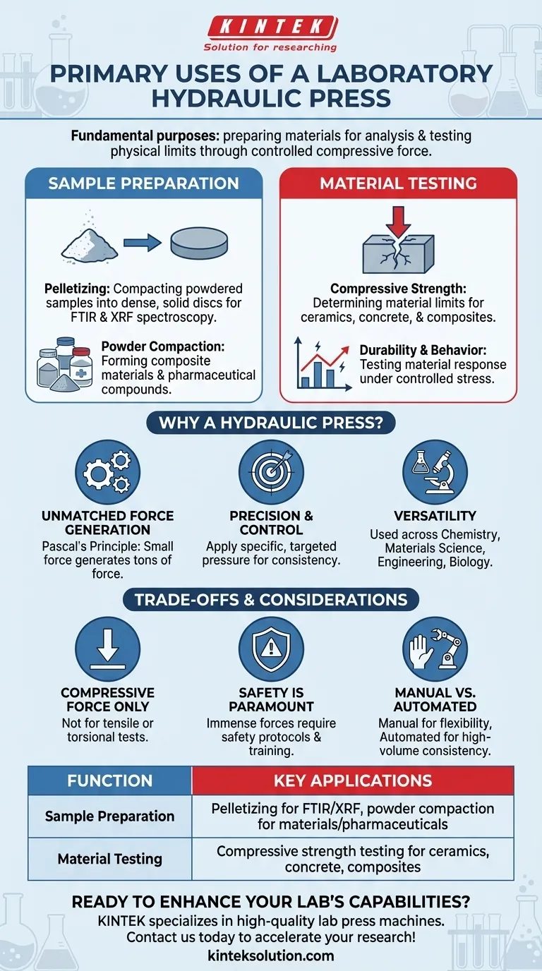 What are the primary uses of a laboratory hydraulic press? Essential for Sample Prep and Material Testing Visual Guide