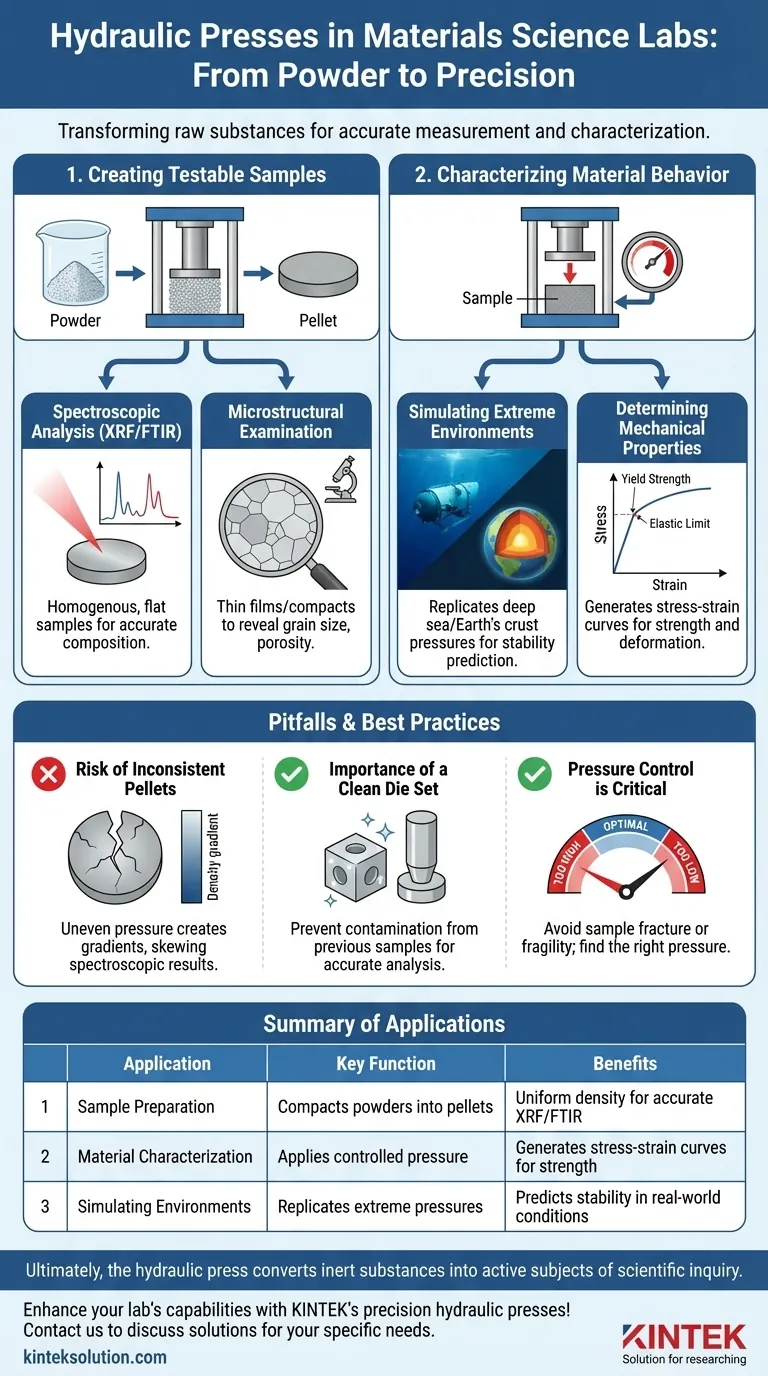 Wie werden hydraulische Pressen in materialwissenschaftlichen Labors eingesetzt? Präzision bei der Probenvorbereitung und -prüfung freisetzen Visuelle Anleitung