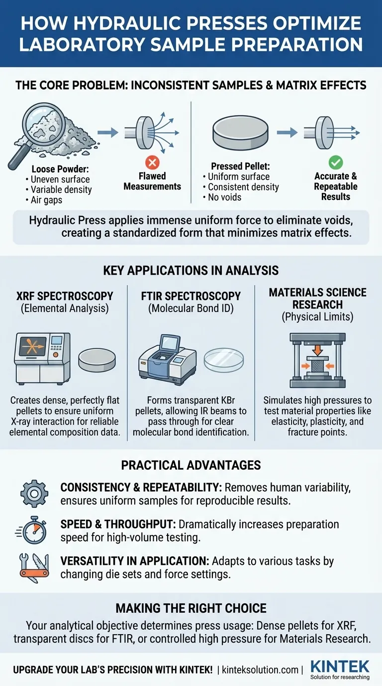 How are hydraulic presses used in laboratory sample preparation? Ensure Accurate Analysis with Homogeneous Samples Visual Guide