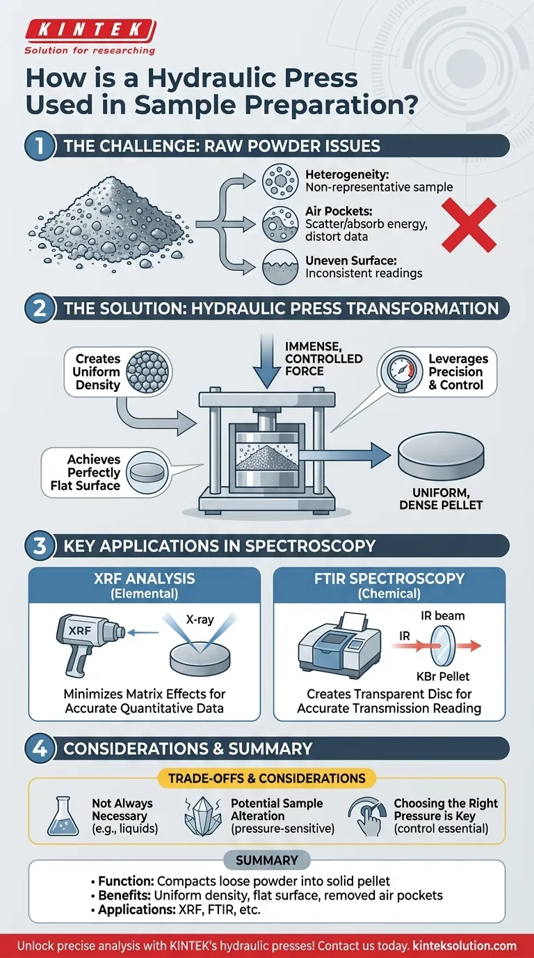 How is a hydraulic press used in sample preparation? Achieve Accurate Spectroscopy with Uniform Pellets Visual Guide