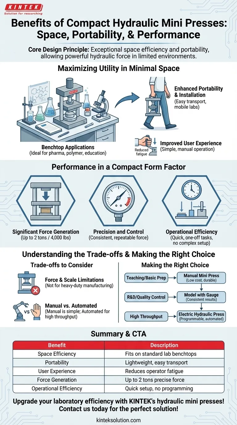 ما هي فوائد التصميم المدمج للمكابس الهيدروليكية الصغيرة؟زيادة المساحة وقابلية النقل إلى أقصى حد لمختبرك دليل مرئي