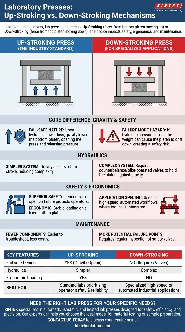 Que tipos de prensas de laboratório estão disponíveis com base nos mecanismos de curso? Compare prensas de curso ascendente vs. curso descendente em termos de segurança e eficiência Guia Visual