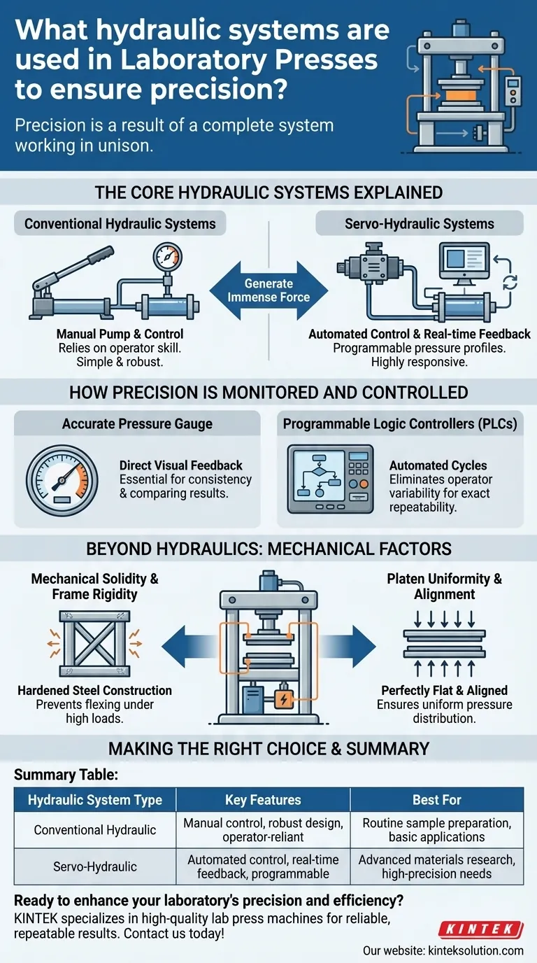 ラボプレスの精度を確保するために使用される油圧システムは何ですか？正確なサンプル準備の鍵を発見してください ビジュアルガイド