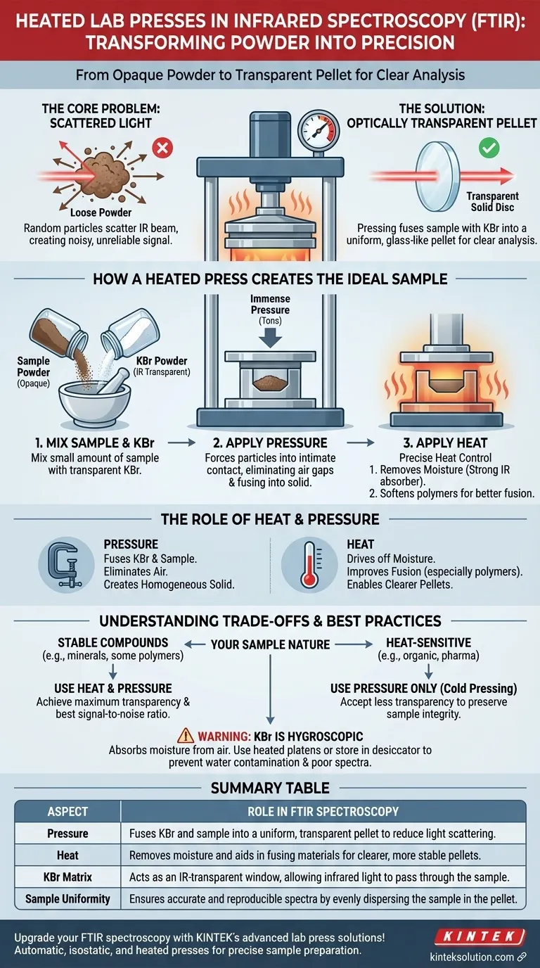가열식 실험실 프레스는 적외선 분광법에 어떻게 기여할까요? 투명 펠렛으로 FTIR 정확도 향상 시각적 가이드