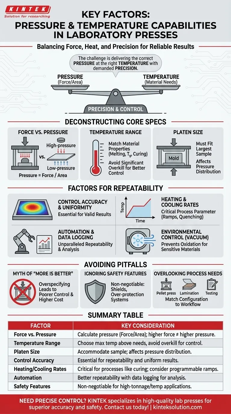 실험실 프레스의 압력 및 온도 용량과 관련하여 고려해야 할 요소는 무엇입니까? 귀하의 실험실 요구 사항에 대한 정밀도를 보장하십시오. 시각적 가이드