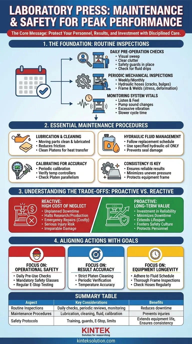 Quais considerações de manutenção e segurança são importantes para prensas de laboratório? Garanta Precisão e Segurança no Seu Laboratório Guia Visual