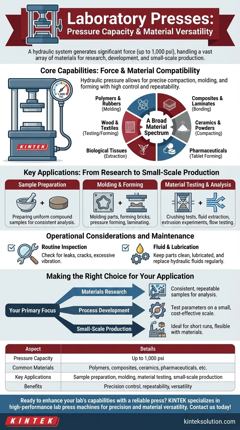 Какова производительность лабораторных прессов по давлению и с какими материалами они могут работать? Откройте для себя универсальную обработку материалов Визуальное руководство