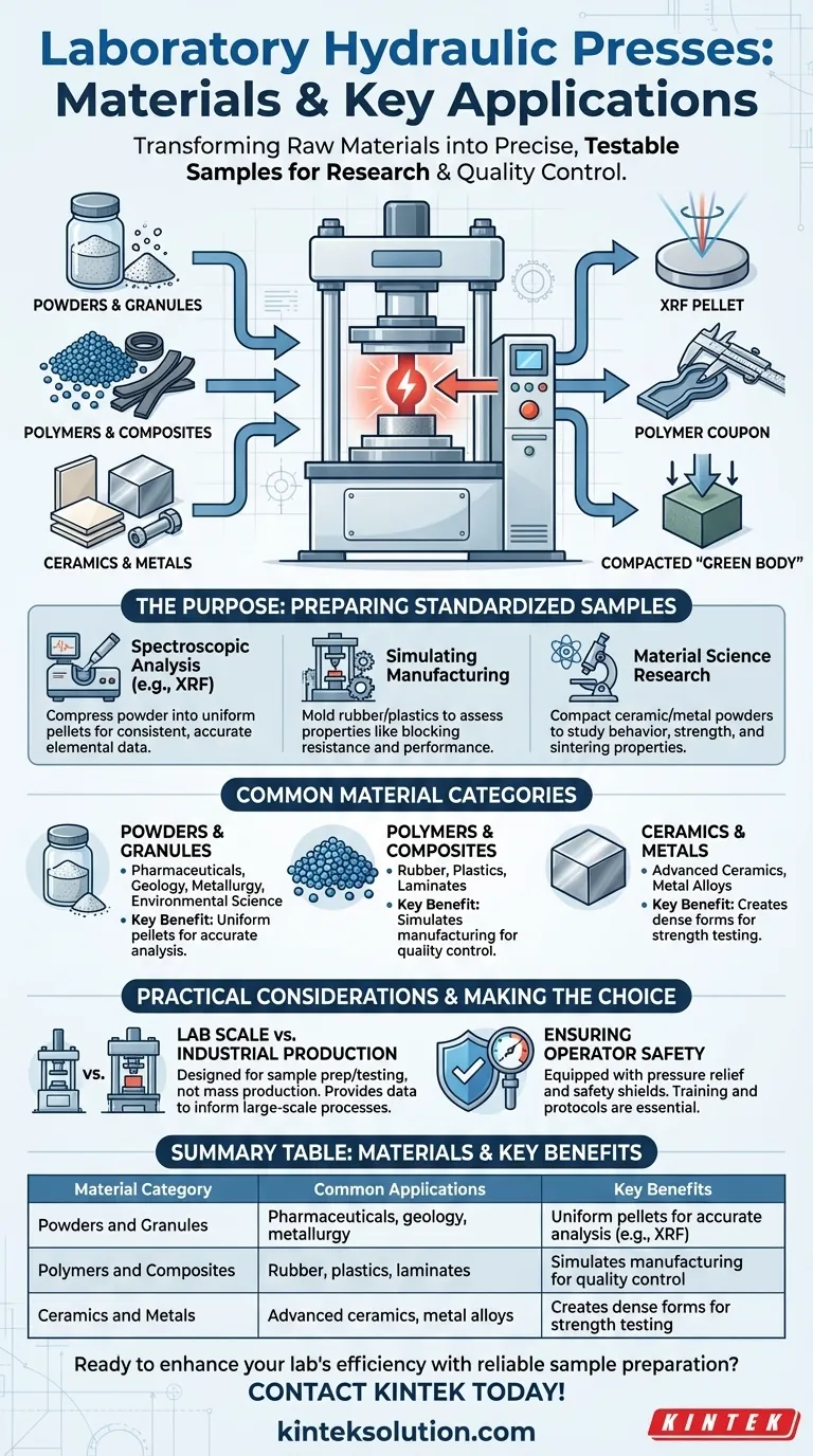 ¿Qué materiales se prueban y compactan comúnmente utilizando prensas hidráulicas de laboratorio? Descubra las aplicaciones clave para polvos, polímeros y más Guía Visual