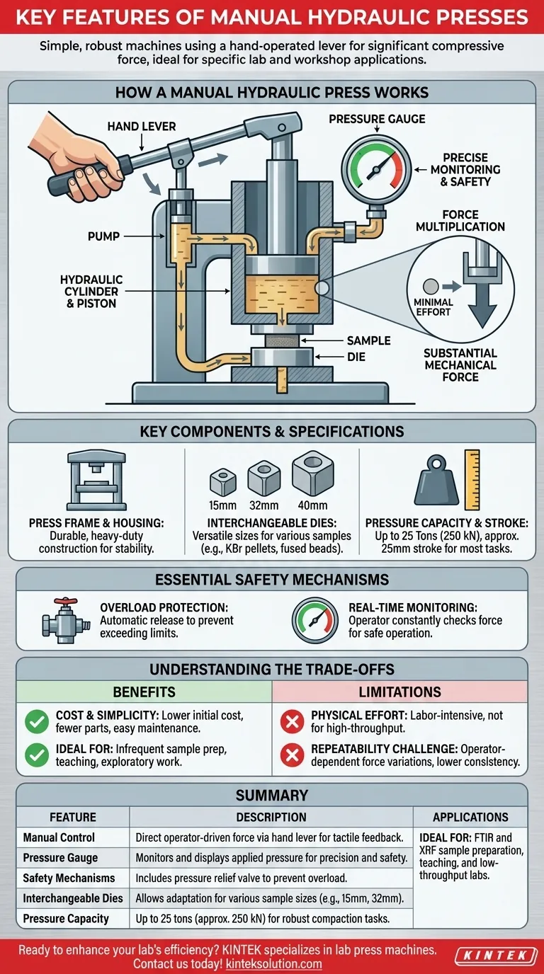 What are the key features of manual hydraulic presses? Discover Cost-Effective Force for Your Lab Visual Guide
