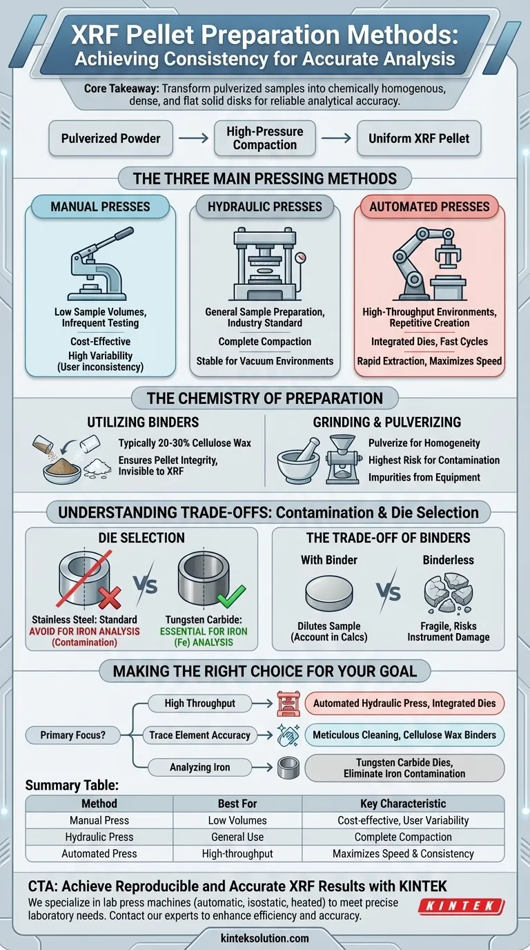Quali sono i diversi metodi di preparazione dei pellet XRF disponibili? Spiegazione delle presse manuali, idrauliche e automatiche Guida Visiva
