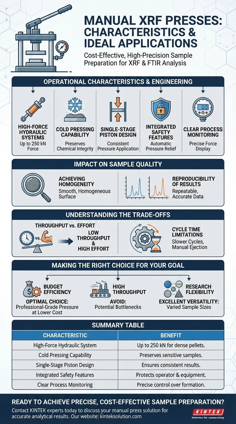 Quali sono le caratteristiche e le applicazioni ideali delle presse manuali per la preparazione di pellet XRF? Ottenere precisione conveniente Guida Visiva