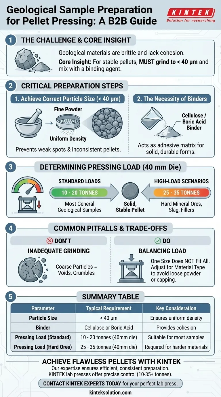 Come devono essere preparati i campioni geologici per la pressatura in pellet e quale carico viene tipicamente utilizzato? Ottieni pellet perfetti per analisi accurate Guida Visiva