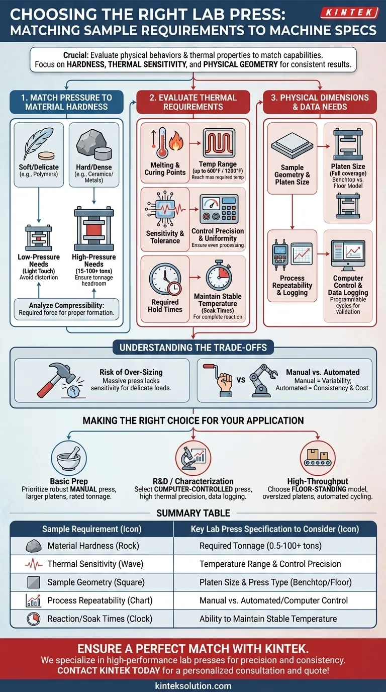 ラボプレス選定に影響を与えるサンプル関連の要件は何ですか？材料科学と機械仕様を照合する ビジュアルガイド