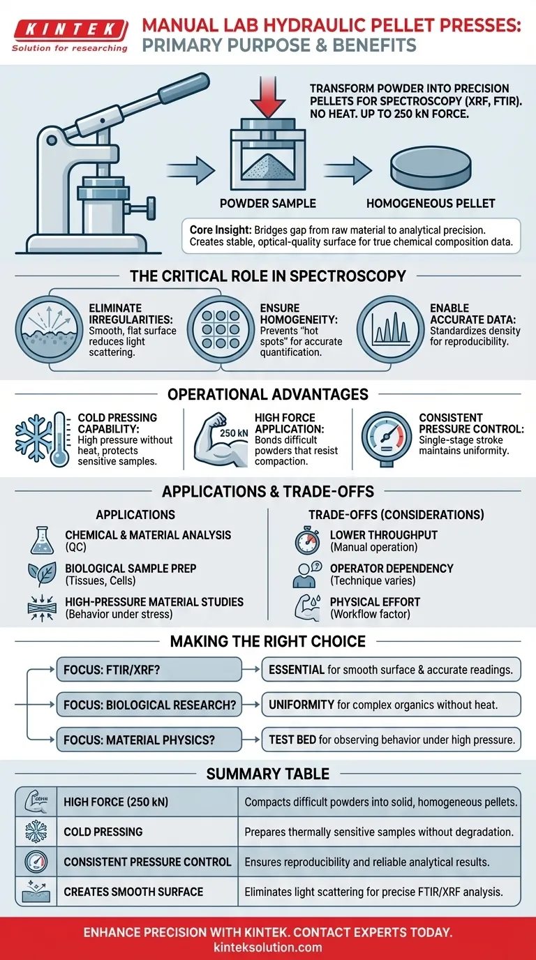 Qual è lo scopo principale delle presse idrauliche manuali da laboratorio per pellet? Ottenere una preparazione del campione ad alta precisione per la spettroscopia Guida Visiva