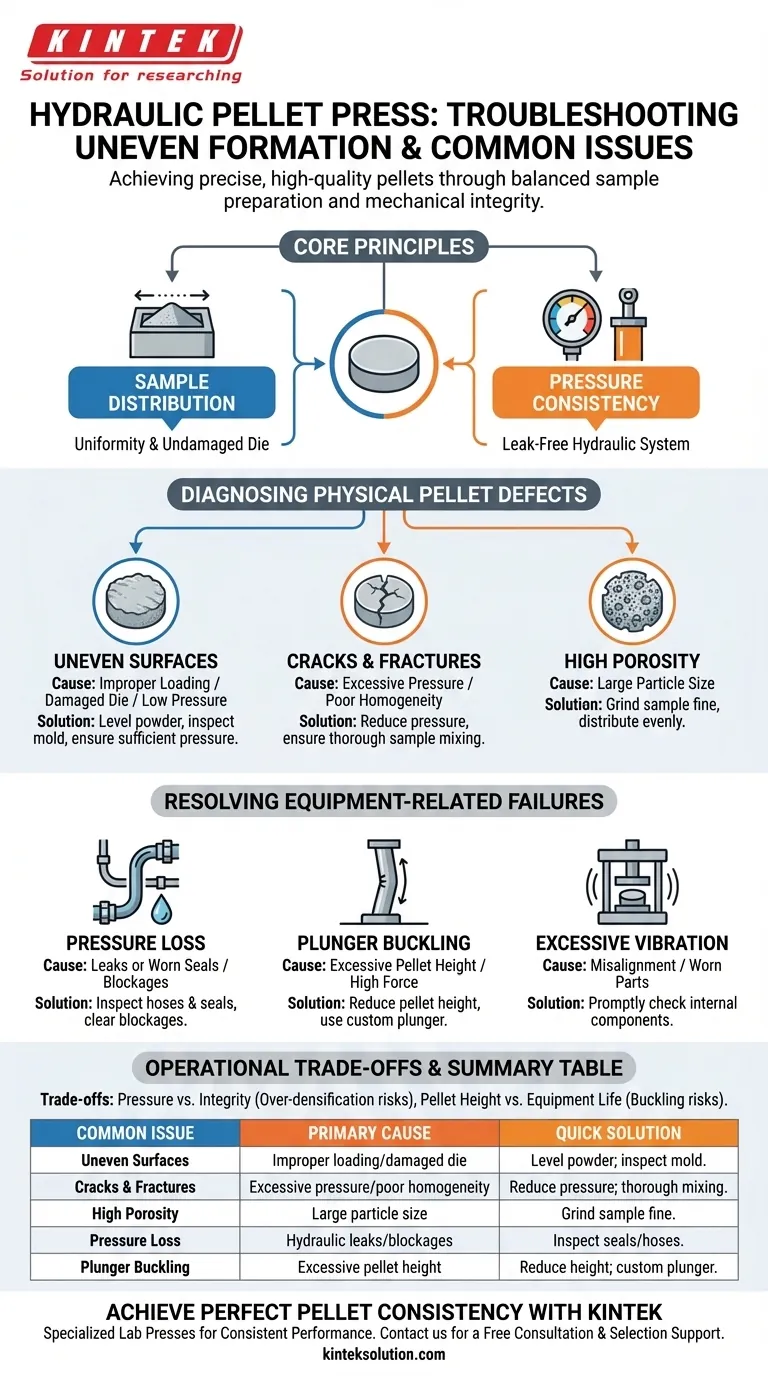 油圧ペレットプレスを使用する際に、ペレットの形成が不均一になるなどの一般的な問題をどのようにトラブルシューティングできますか？不均一なペレットを今すぐ修正 ビジュアルガイド