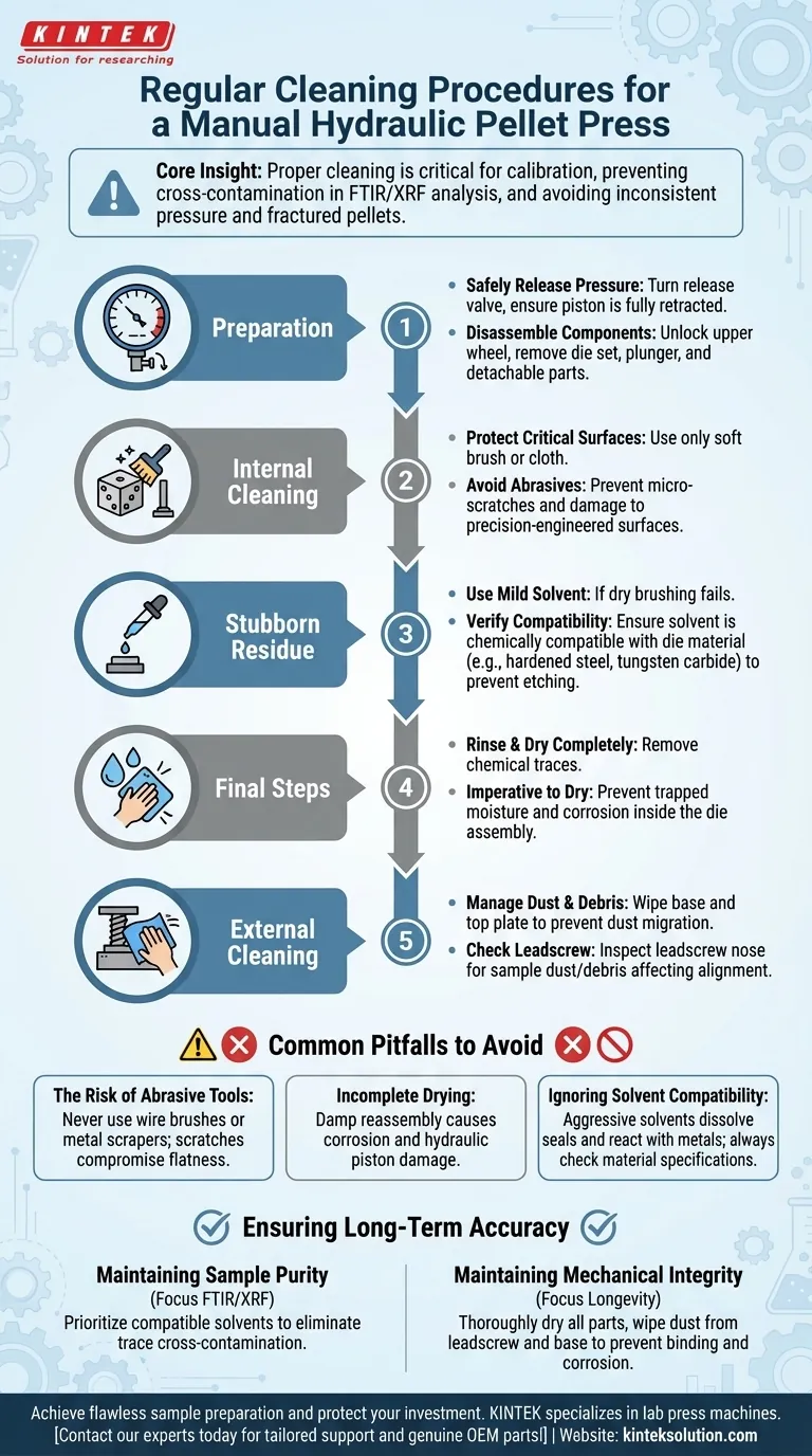 Quali sono le procedure di pulizia regolari per una pressa per pellet idraulica manuale? Garantire precisione e purezza per il tuo laboratorio Guida Visiva