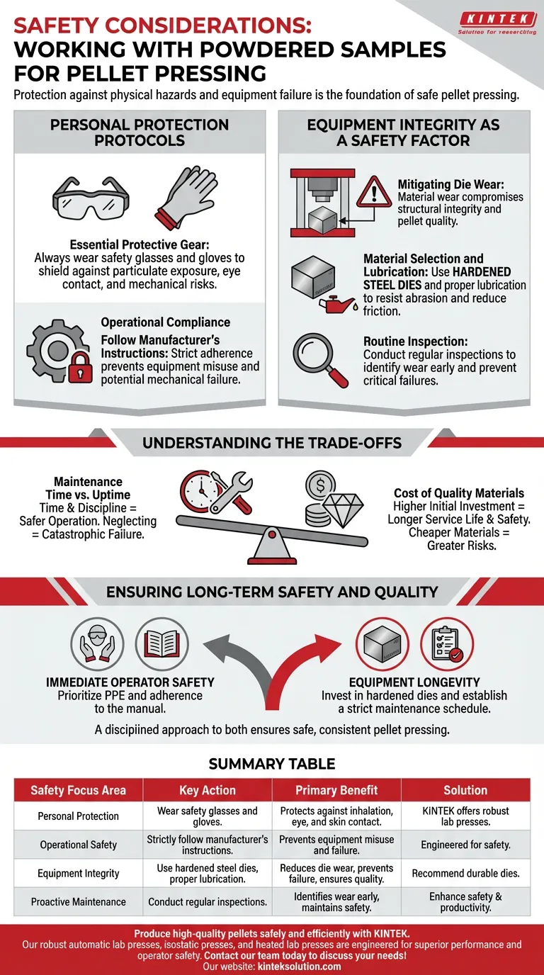 Quali considerazioni sulla sicurezza sono importanti quando si lavorano campioni in polvere per la pressatura di pellet? Garantire la sicurezza dell'operatore e dell'attrezzatura Guida Visiva