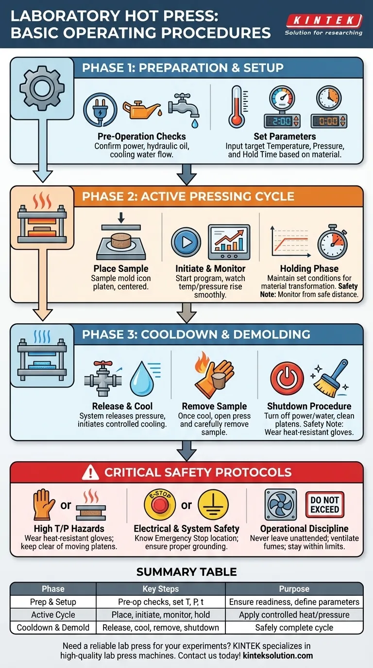 실험실 열간 프레스의 기본 작동 절차는 무엇입니까? 안전한 재료 처리를 위한 정밀 제어 마스터하기 시각적 가이드