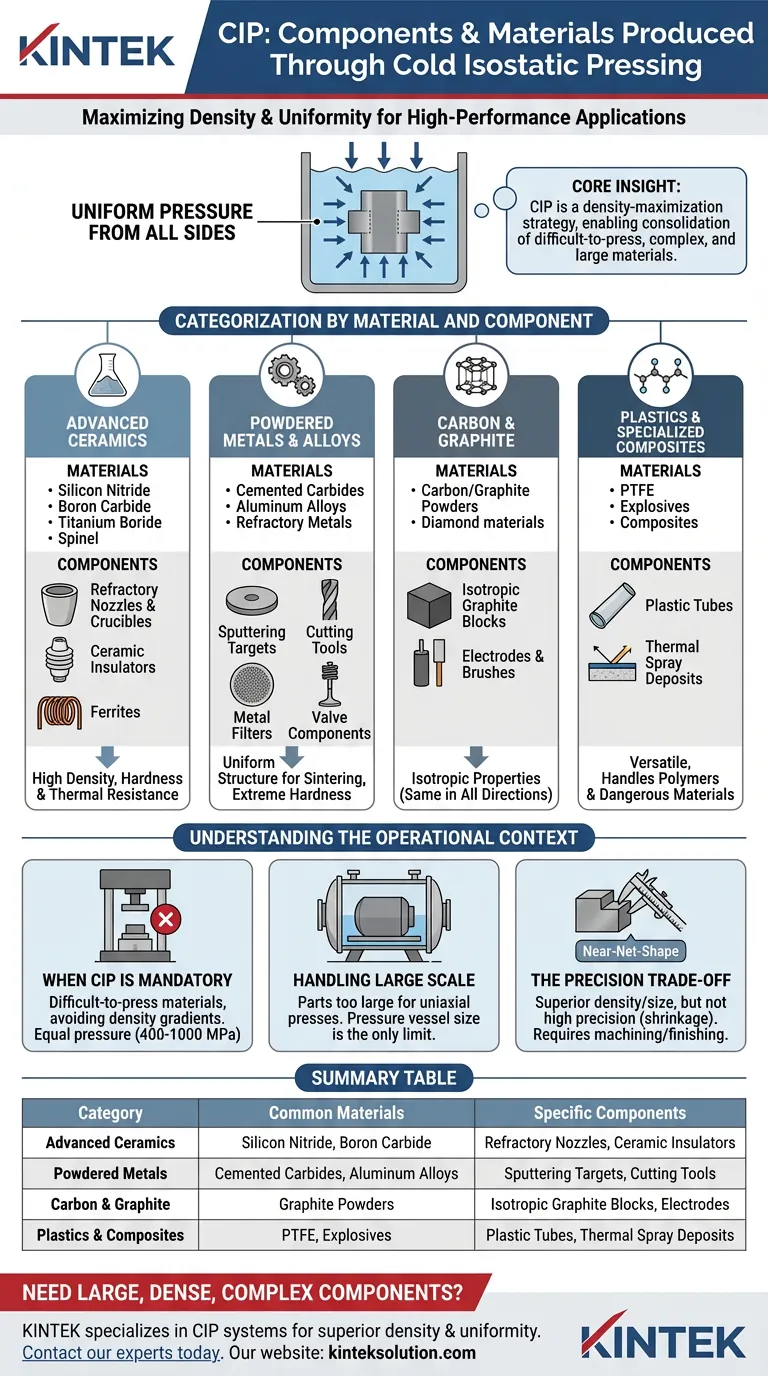 コールド等方圧プレス（CIP）によって製造される具体的なコンポーネントや材料にはどのようなものがありますか？ ビジュアルガイド