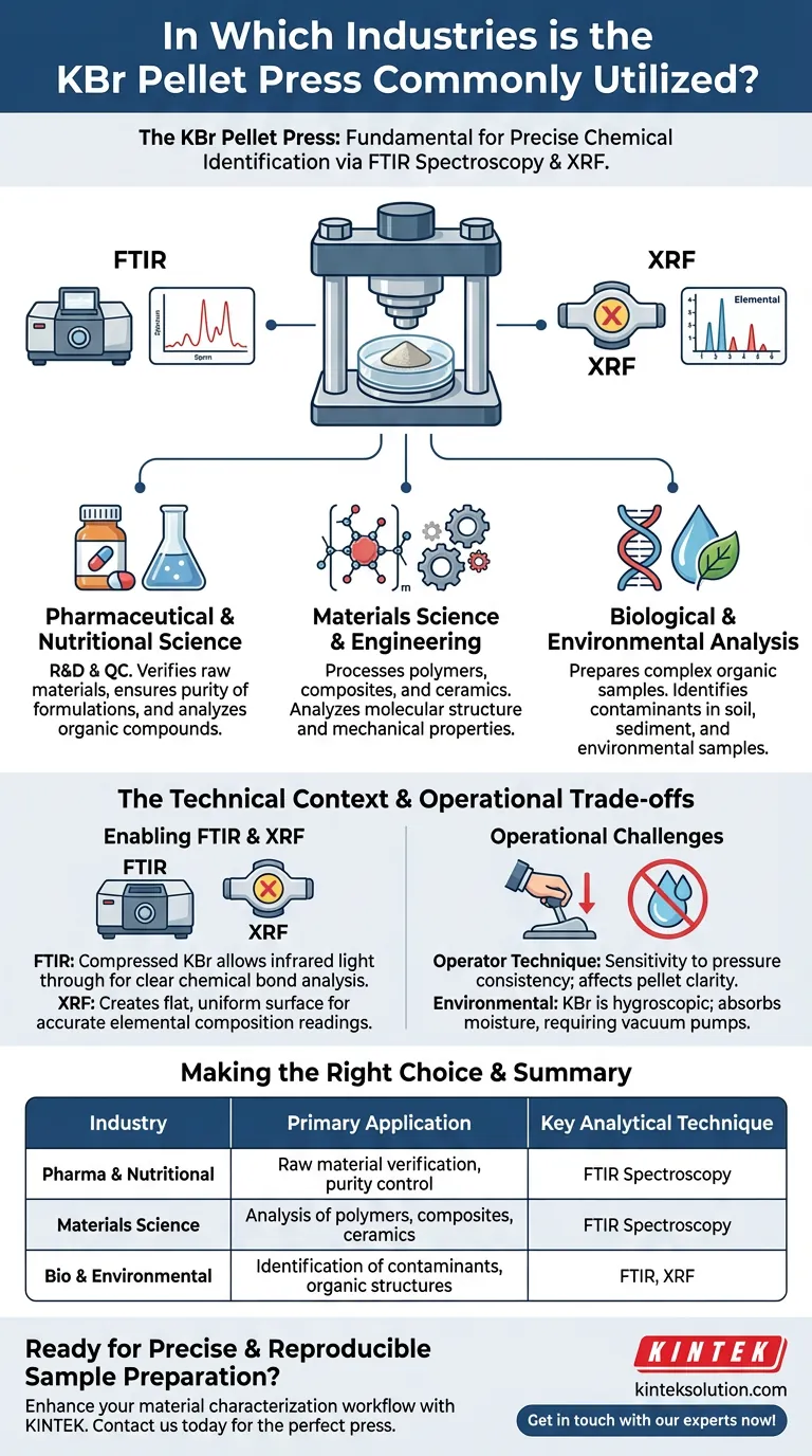 In quali settori viene comunemente utilizzata la pressa per pellet di KBr? Essenziale per l'analisi farmaceutica e dei materiali. Guida Visiva