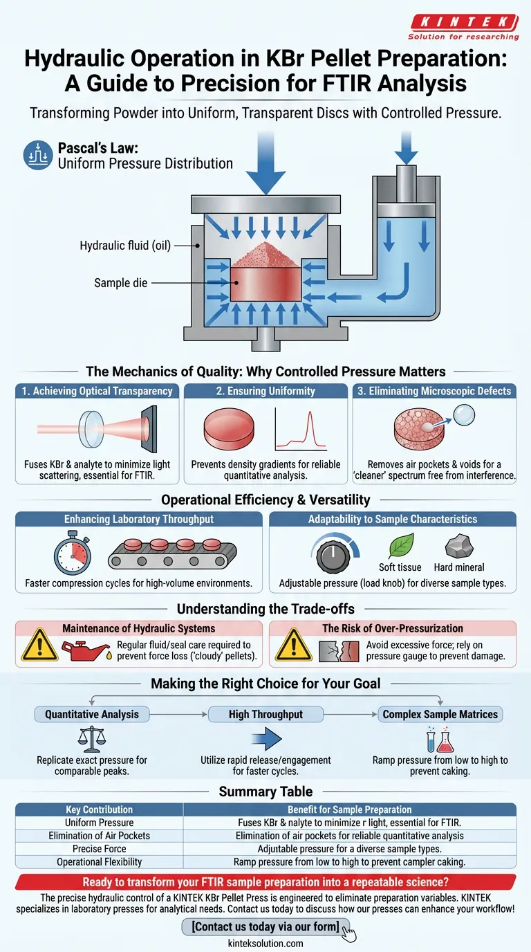 Come contribuisce al trattamento del campione l'operazione idraulica di una pressa per pellet di KBr? Ottenere pellet perfettamente trasparenti per FTIR Guida Visiva