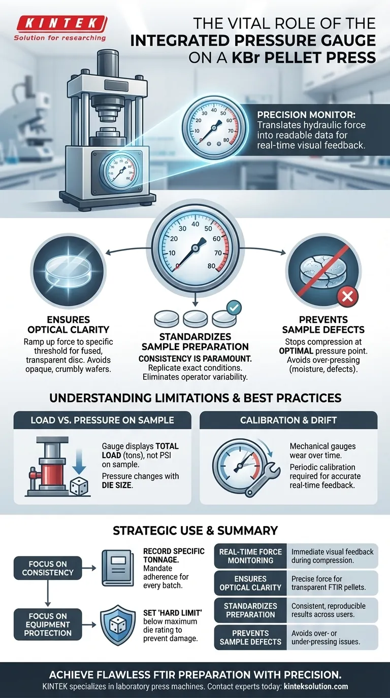 KBrペレットプレスに統合された圧力計の機能は何ですか？ FTIRサンプル調製の一貫性を確保する ビジュアルガイド