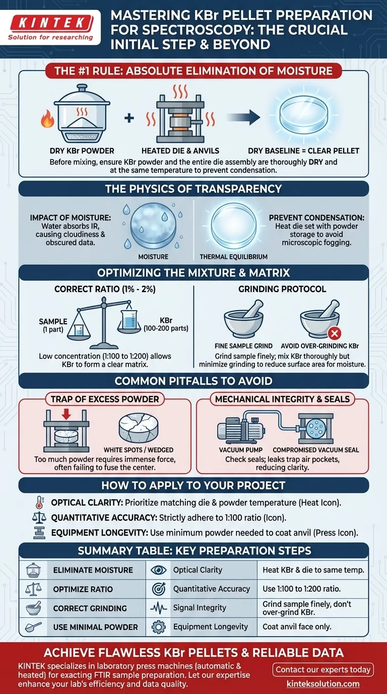 分光法でKBrペレットを準備する際に、最も重要な最初のステップは何ですか？完璧なFTIR結果を得るために水分を除去する ビジュアルガイド