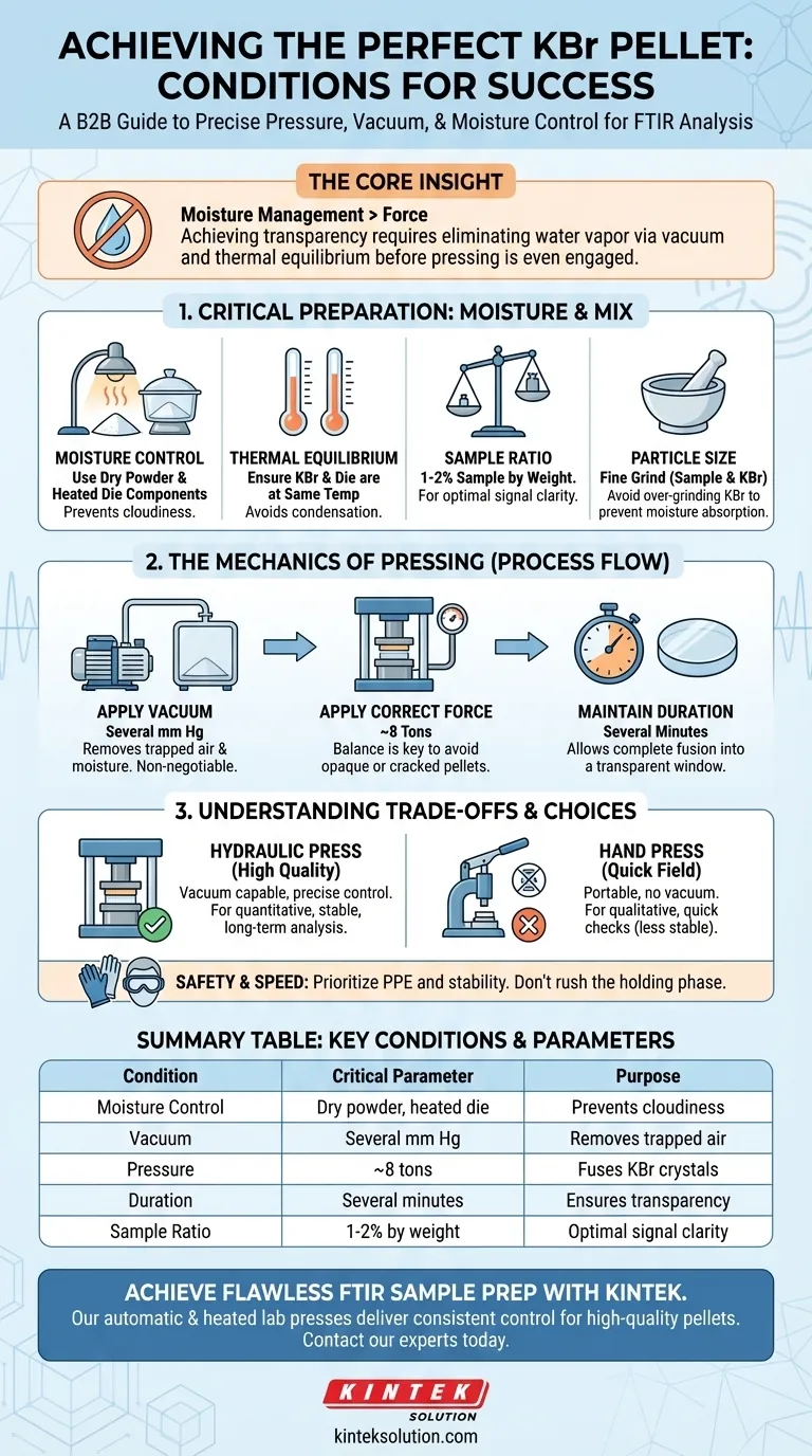 プレスでKBrペレットを形成する際に必要な条件は何ですか？完璧なペレットのための水分管理のマスター ビジュアルガイド
