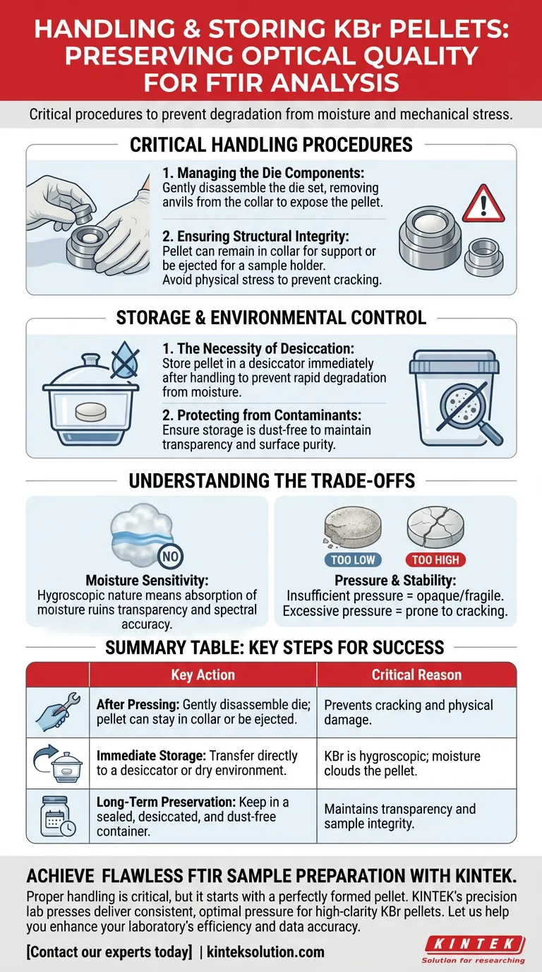 Come devono essere maneggiati e conservati i pellet di KBr dopo la loro formazione? Preservare la purezza per un'analisi FTIR accurata Guida Visiva