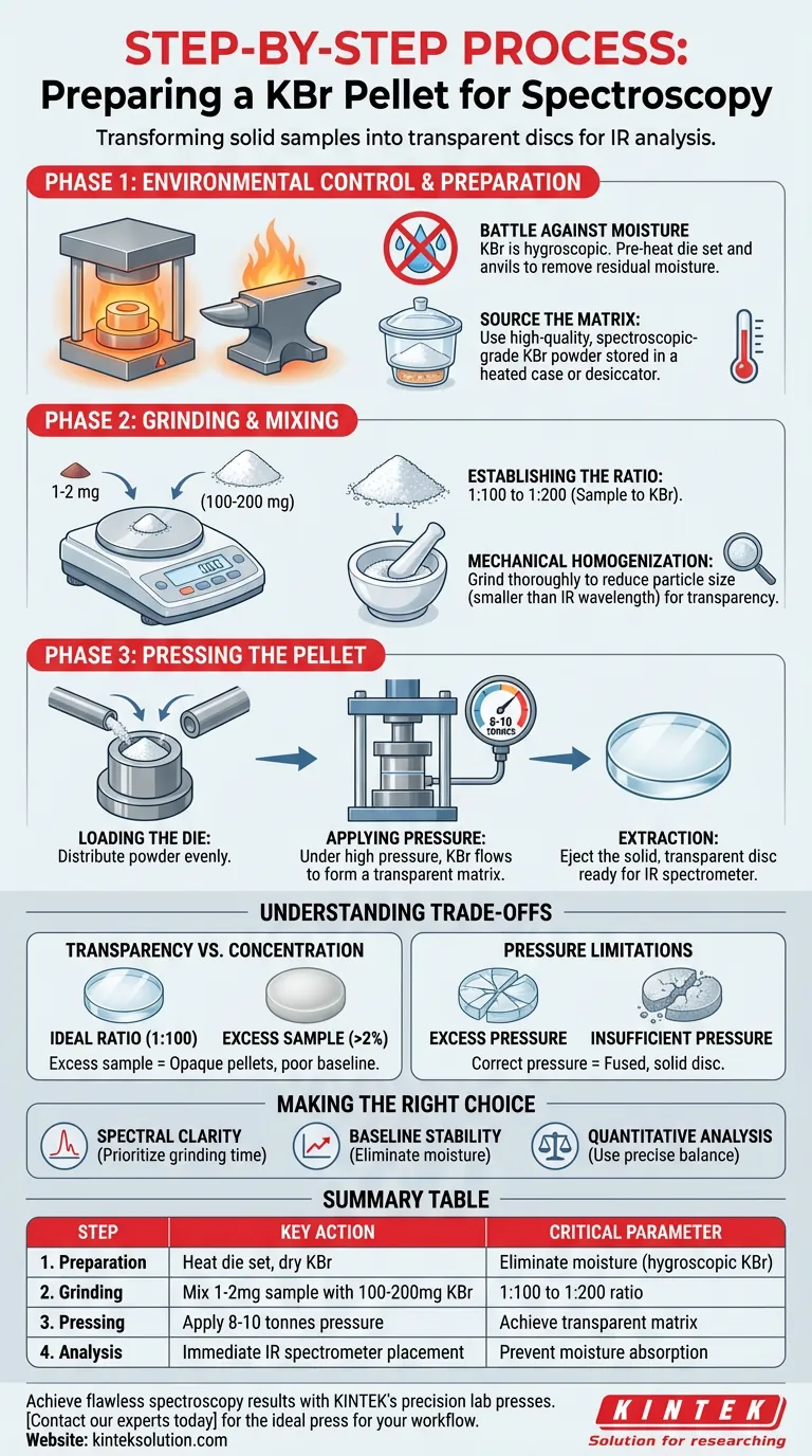 Qual é o processo passo a passo para preparar uma amostra como um pastilho de KBr para espectroscopia? Obtenha clareza espectral IR perfeita Guia Visual