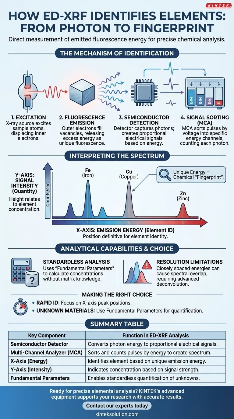 エネルギー分散型蛍光X線（ED-XRF）分析装置は、放出される放射線をどのように分析して元素を特定するのでしょうか？精密な元素分析を実現 ビジュアルガイド