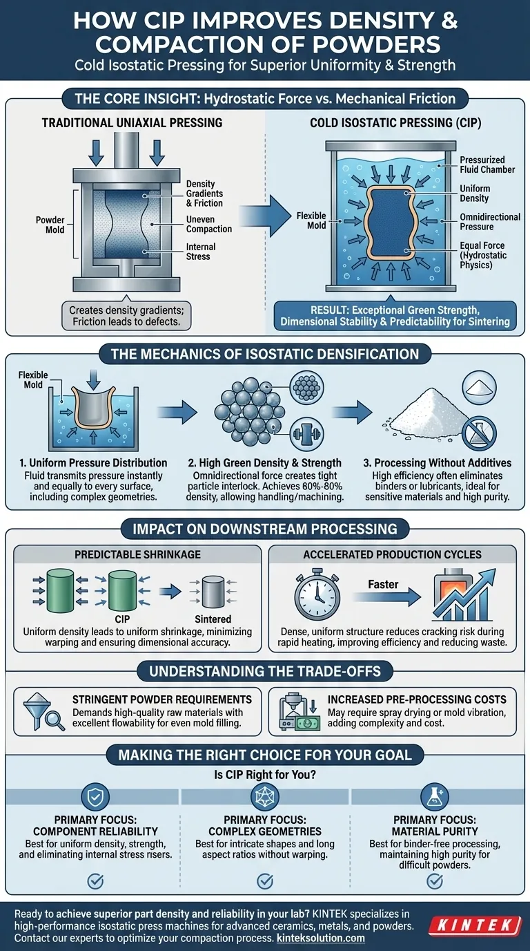 Como a Prensagem Isostática a Frio (CIP) melhora a densificação e compactação de pós? Alcançar Densidade Uniforme e Alta Resistência Verde Guia Visual
