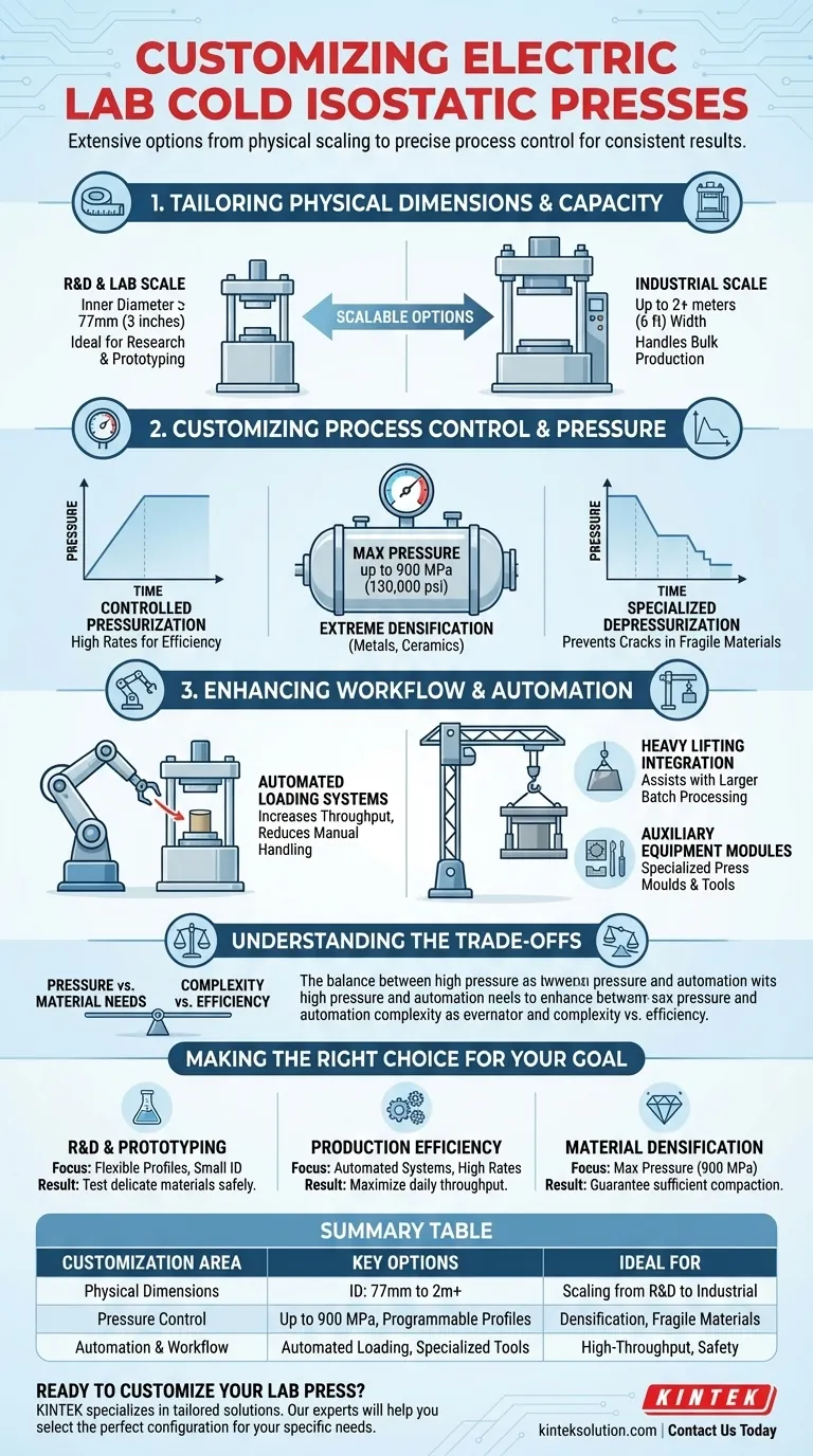 電気式ラボ用コールド等方圧プレスで利用可能なカスタマイズオプションは何ですか？圧力、サイズ、自動化をラボに合わせて調整しましょう。 ビジュアルガイド