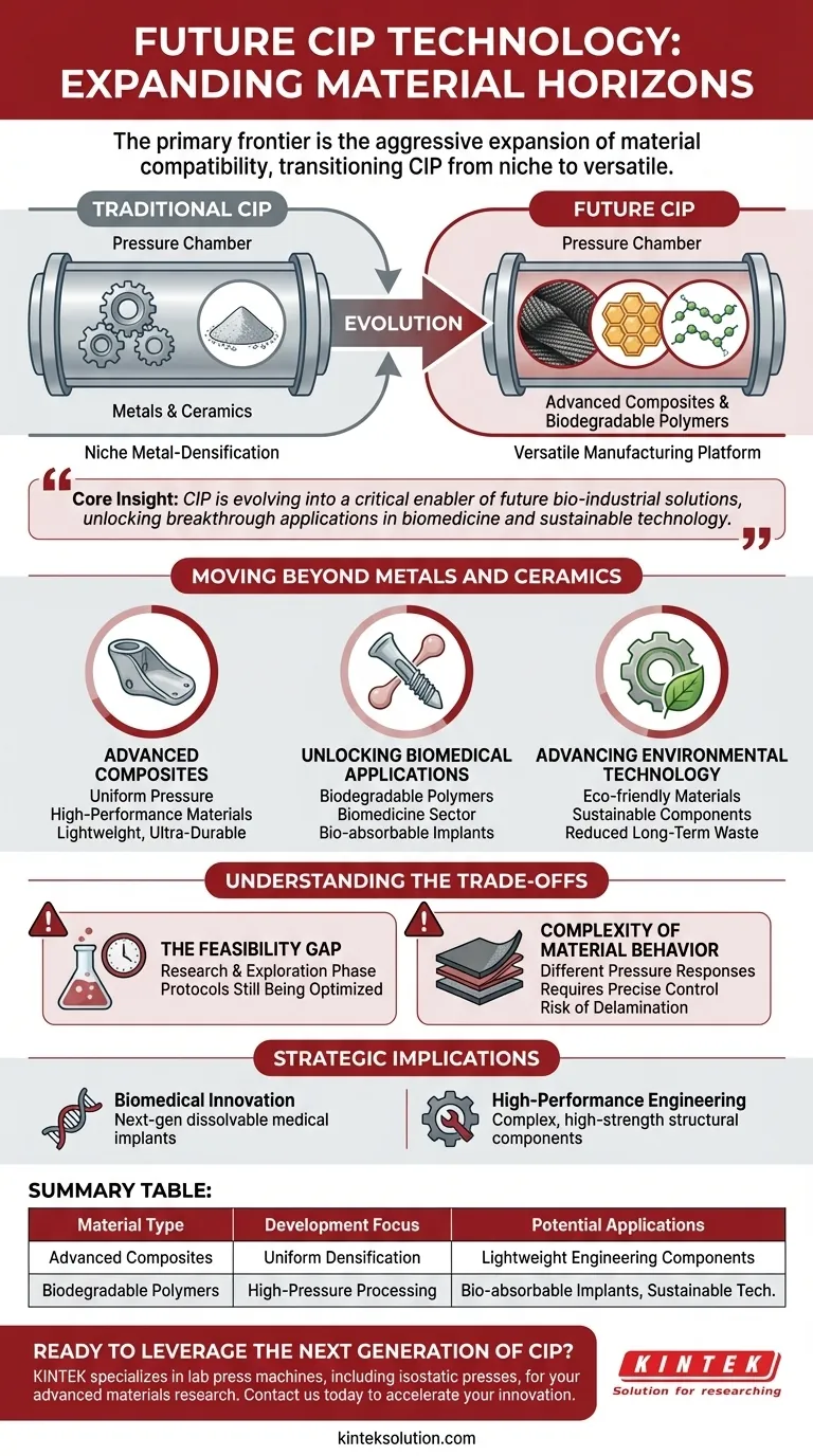 Qual é uma área chave de desenvolvimento em relação à compatibilidade de materiais na futura tecnologia CIP? Expansão para Polímeros Biodegradáveis e Compósitos Guia Visual