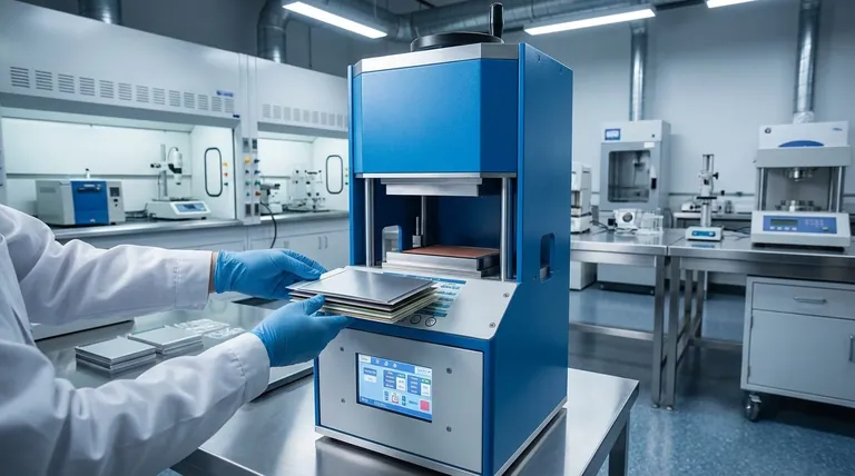 Qual é o papel de uma prensa quente no processo de empilhamento e montagem de células de bateria de estado sólido? Desbloqueando a Montagem de Baterias de Alto Desempenho